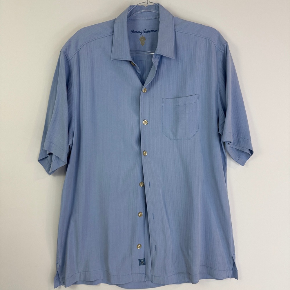 Tommy Bahama Silk Button Down Shirt Mens M Blue Tonal Stripe Short Sleeve 12986